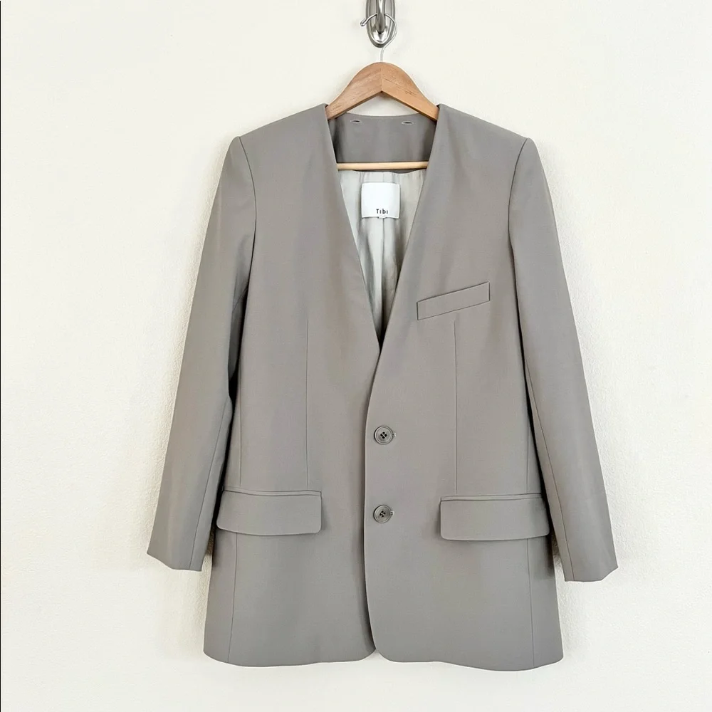 TIBI Tropical Wool Detachable Scarf Blazer Jacket in Cement Grey
